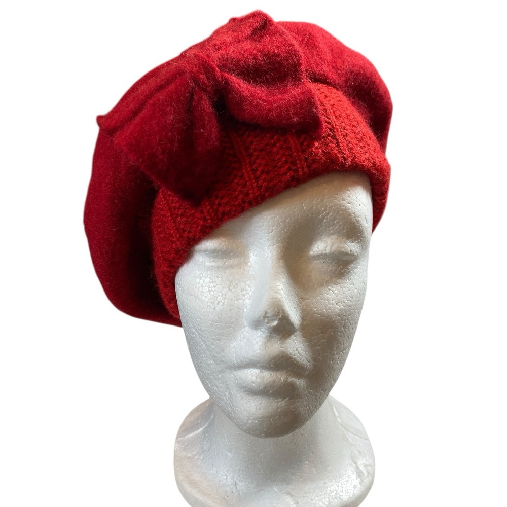 French Bow Beret Hat Wool Womens OS Red Classic Chic Artist Parisian Feminine - Picture 6 of 11